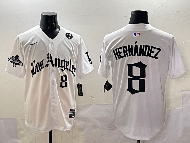 Men 2025 Los Angeles Dodgers #8 Hernandez White Five generations Joint Name Nike MLB Jersey style 5187
